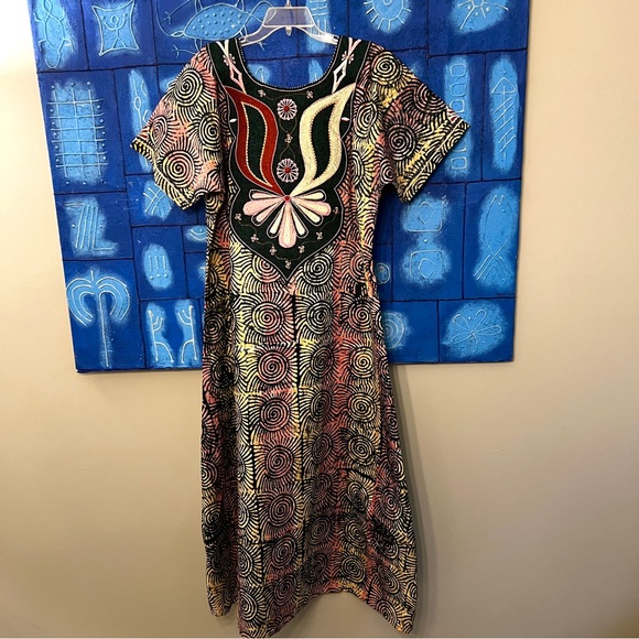 Women’s African Adire Ankara dress w/Head Wrap Pink and Deep Blue-Green - Picture 7 of 10